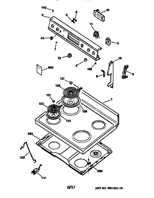 GE JBS27AW2 control panel & cooktop diagram