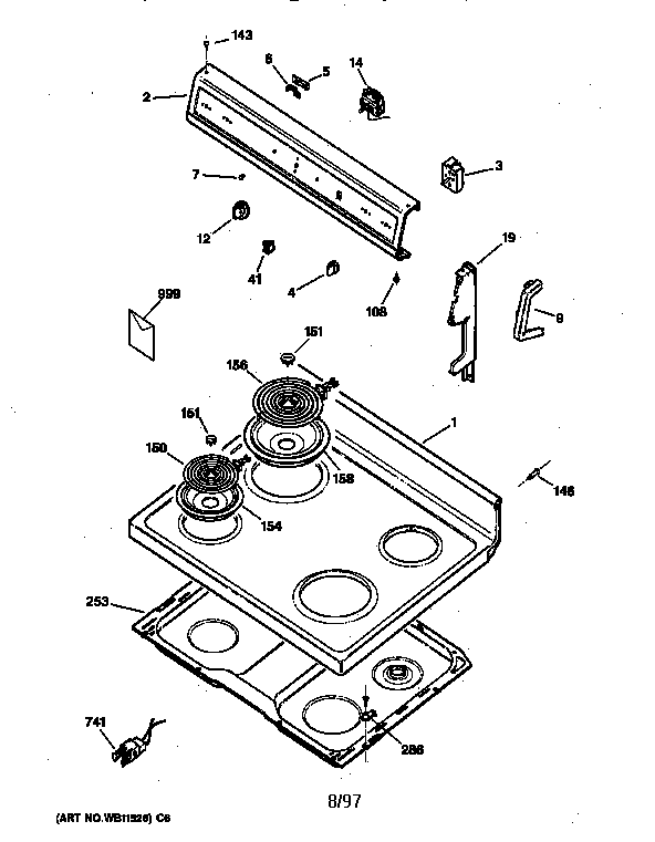 GE JBS07V3 control panel & cooktop diagram