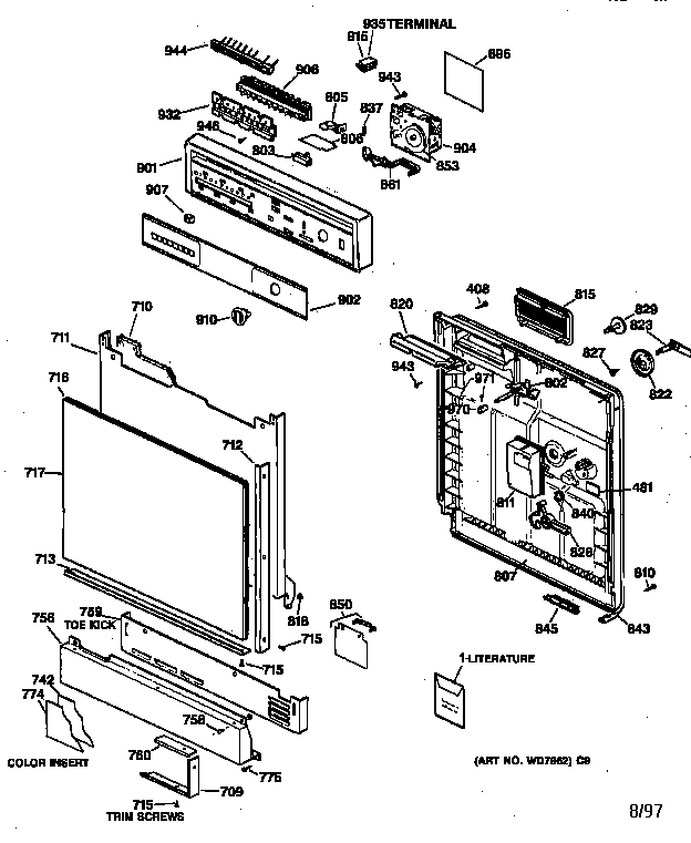 GE GSD1380X72WW escutcheon & door assembly diagram