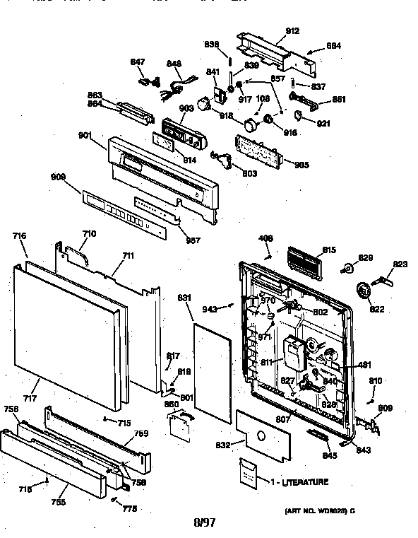 GE GSD4920X73BB escutcheon & door assembly diagram