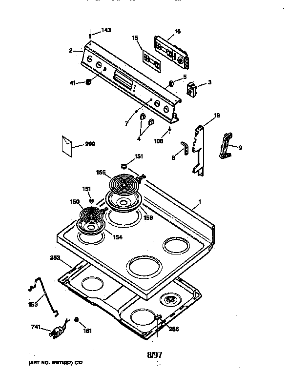 GE JBP48WA1 control panel & cooktop diagram