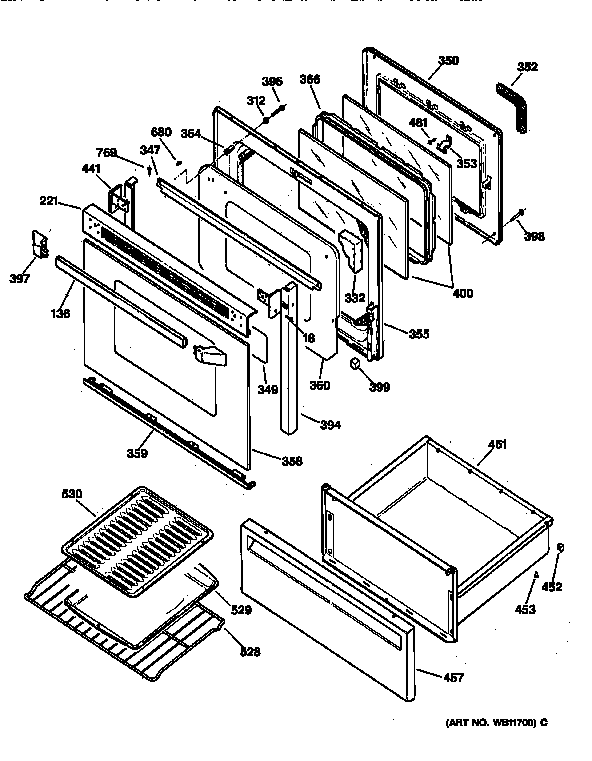 GE JBP48WA1 door & drawer parts diagram