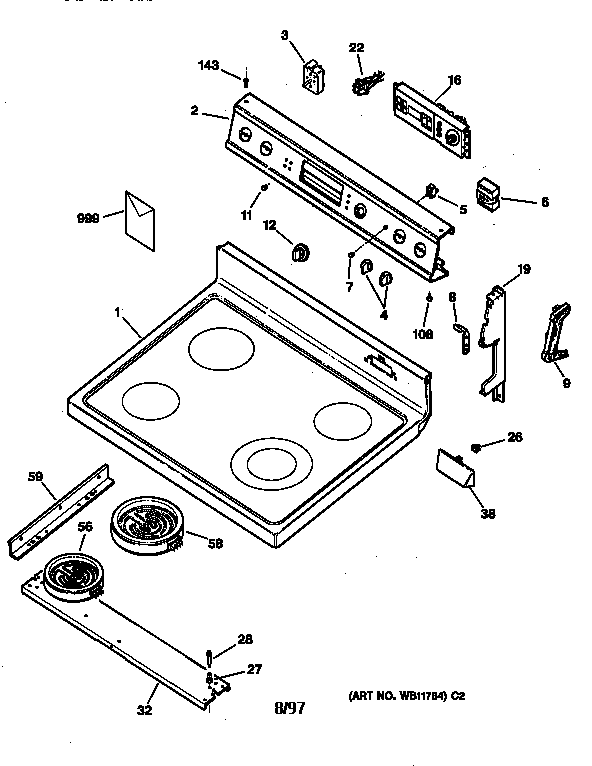 GE JBP60BY1WH cooktop & control panel diagram