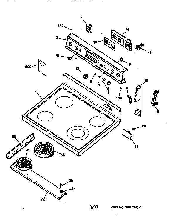 GE JBP66DY1WH control panel & cooktop diagram