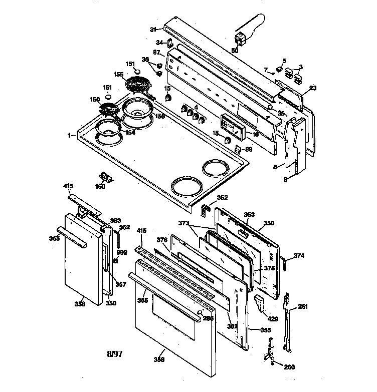 GE JCP67Y1WW control panel, cooktop & doors diagram