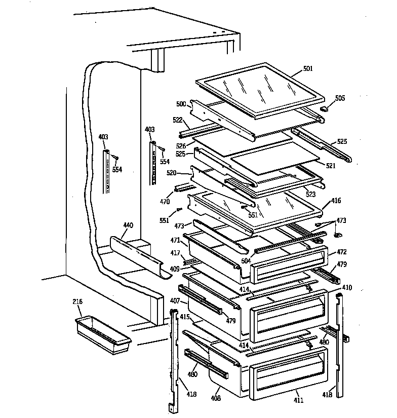 GE TPX24PBZABB fresh food shelves diagram