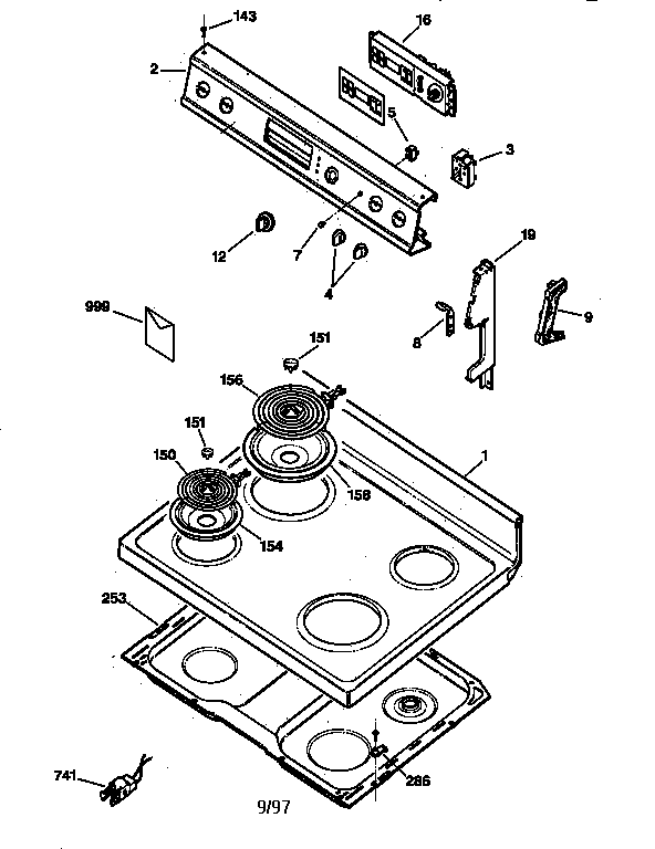 GE JBP19GS2 control panel & cooktop diagram
