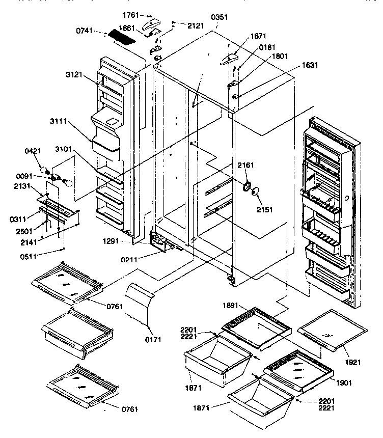 Kenmore 59657585791 ref/fzr shelves,lights,hinges diagram