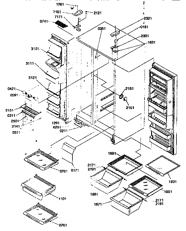 Kenmore 59657089791 refrg/frzr shelves/lights/hinges diagram