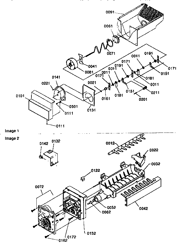 Kenmore 59657547791 ice bucket auger and ice maker diagram
