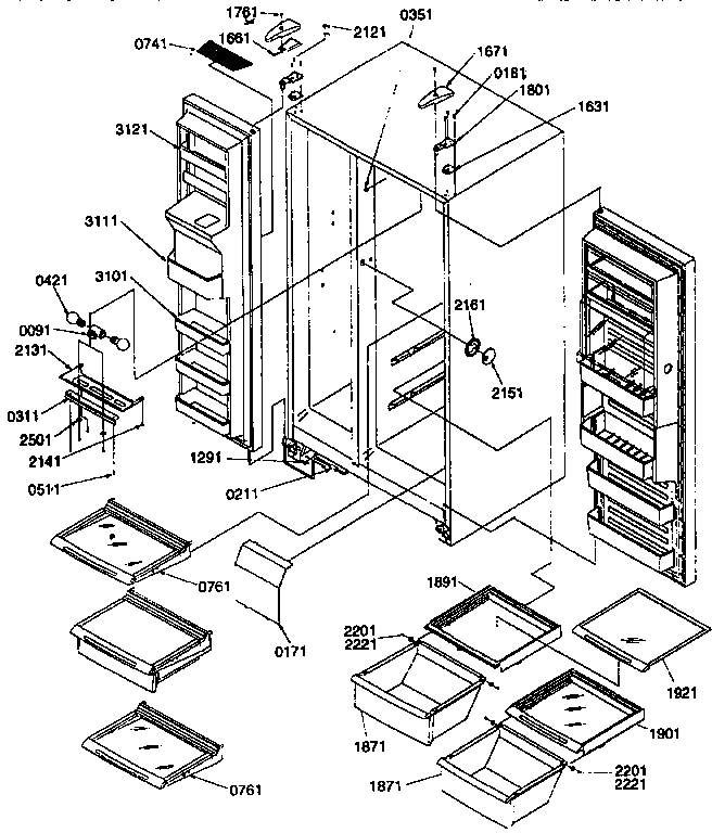 Kenmore 59657582791 ref/frzr shelves,lights,hinges diagram
