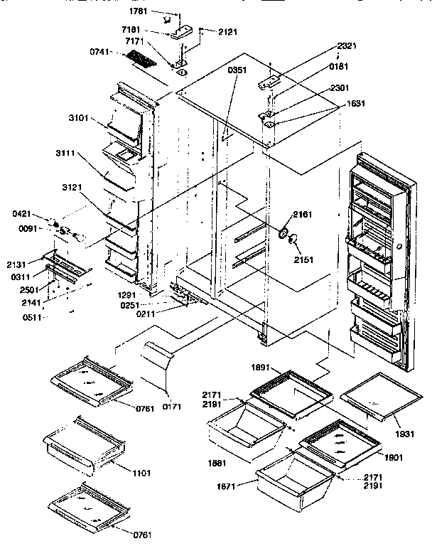 Kenmore 59657087791 ref/freezer shelves/lights/hinges diagram