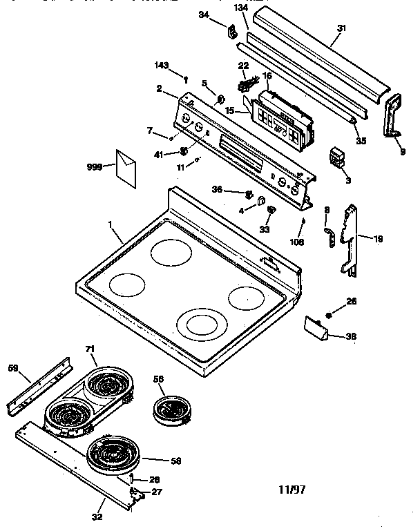 GE JB960AY1 control panel & cooktop diagram