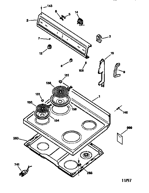 GE JBS03V4 control panel & cooktop diagram
