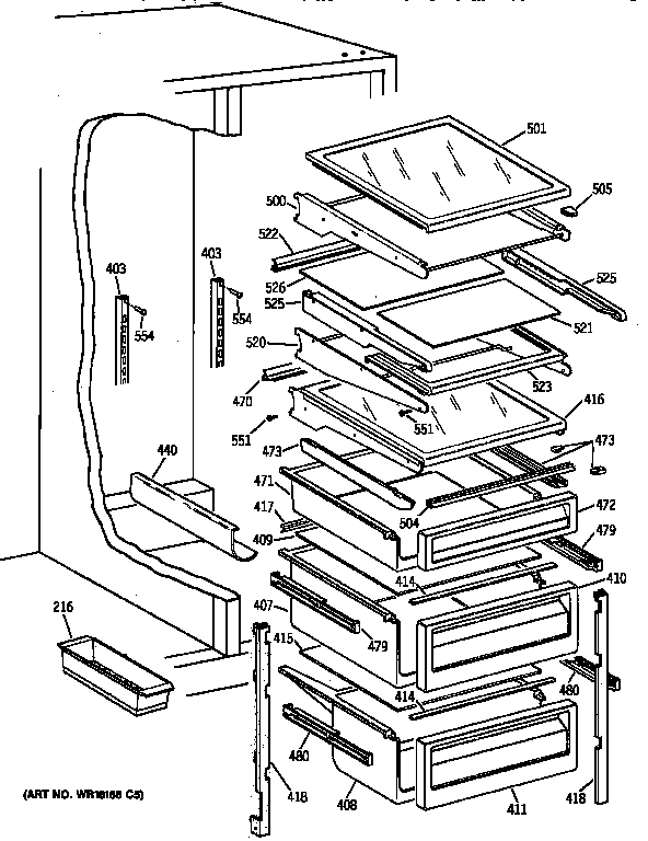 GE TPX24BPZBWW fresh food shelves diagram