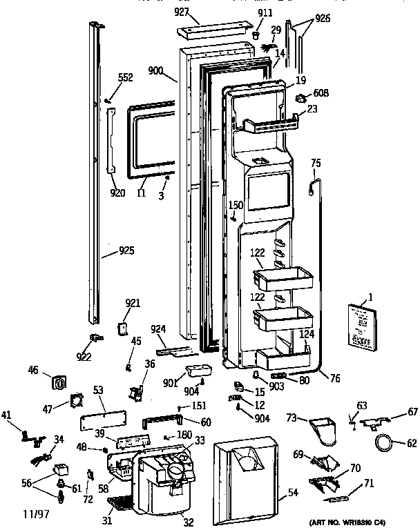 GE TPX24BPZCBB freezer door diagram