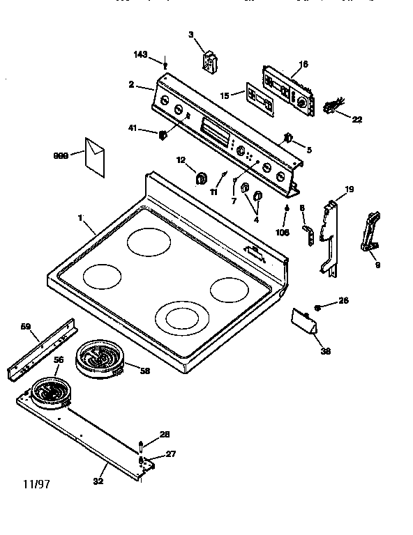 GE JBP66WY2 control panel & cooktop diagram