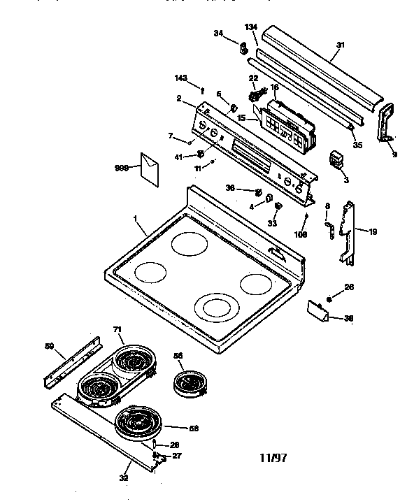GE JB960WY2 control panel & cooktop diagram