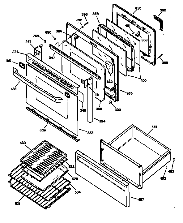 GE JB960WY2 door & drawer parts diagram
