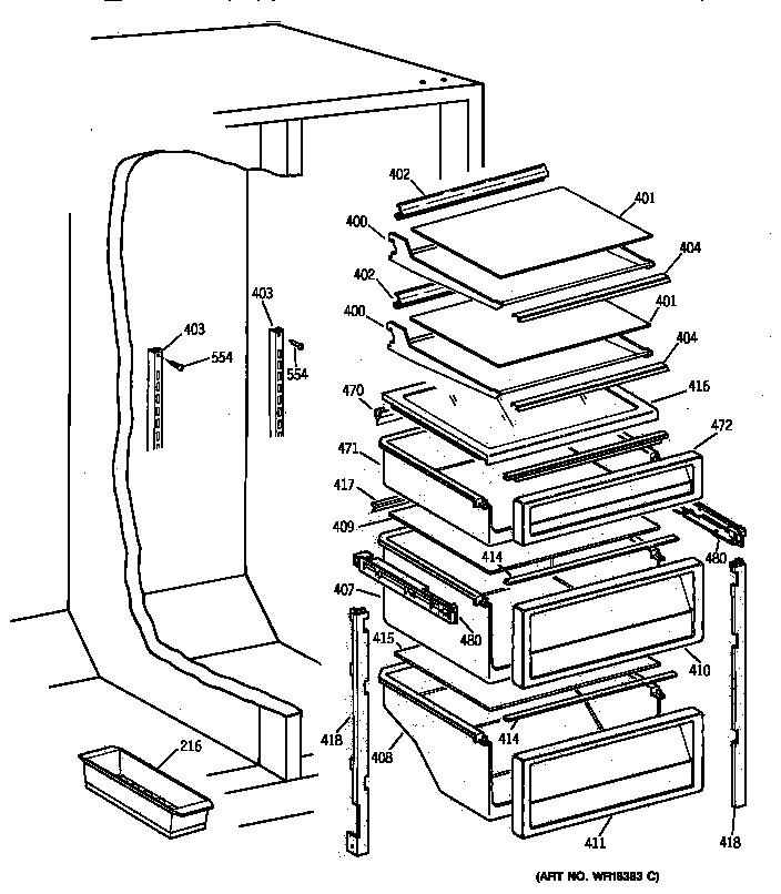 GE TPG21KRYFWW fresh food shelves diagram