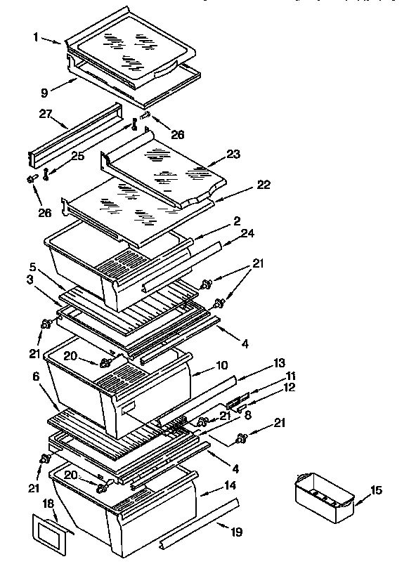 Whirlpool GD27DQXFN00 refrigerator shelf diagram