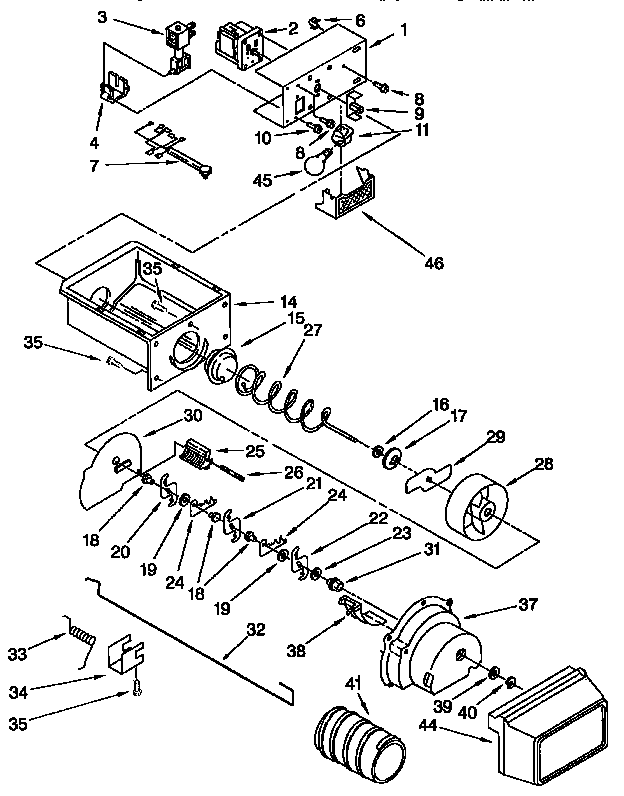 Whirlpool GD27DQXFN00 motor and ice container diagram