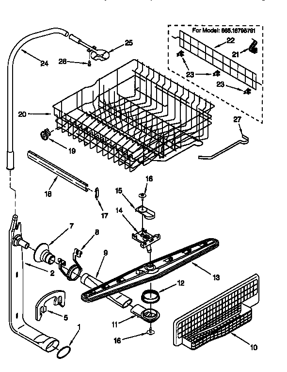 Kenmore 66516795791 upper dishrack and water feed diagram