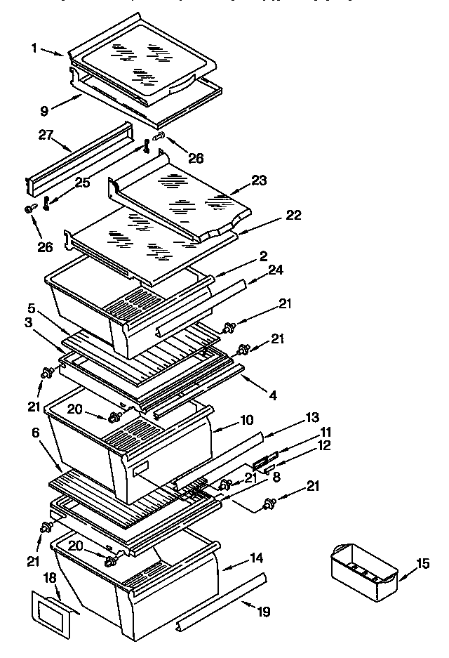Whirlpool GD25DQXFN00 refrigerator shelf diagram