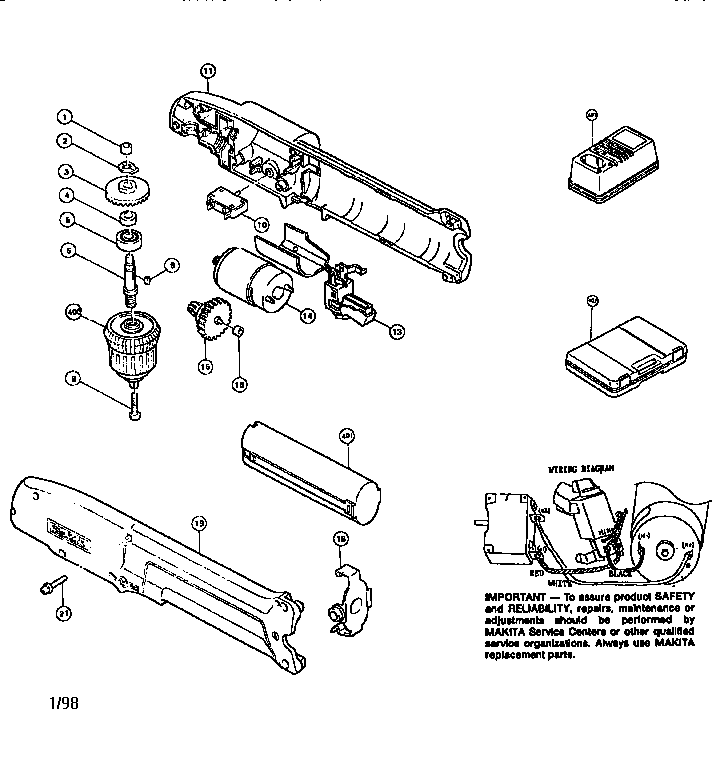 Makita DA391D 3/8" cordless angle drill diagram