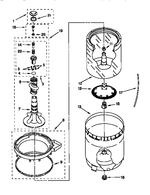 Kenmore 11028974890 agitator, basket and tub diagram