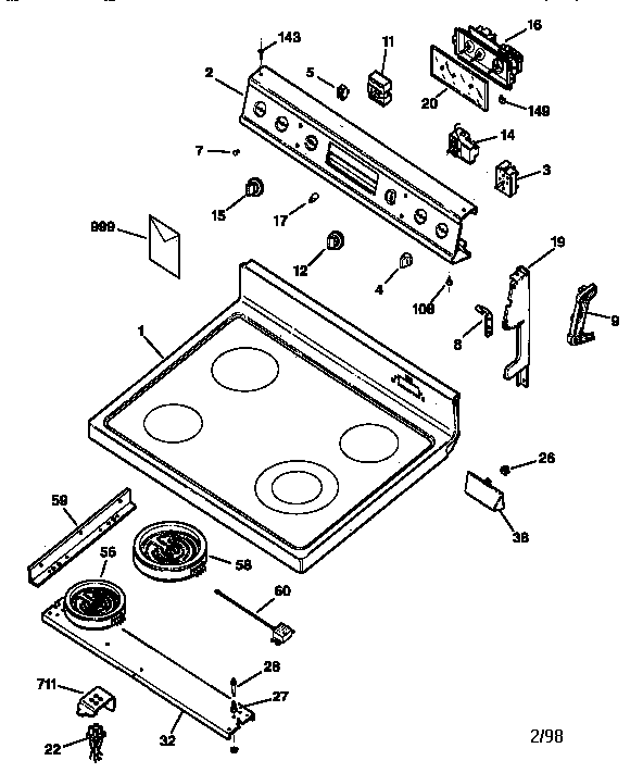 GE JBP63SV2WH cooktop & control panel diagram