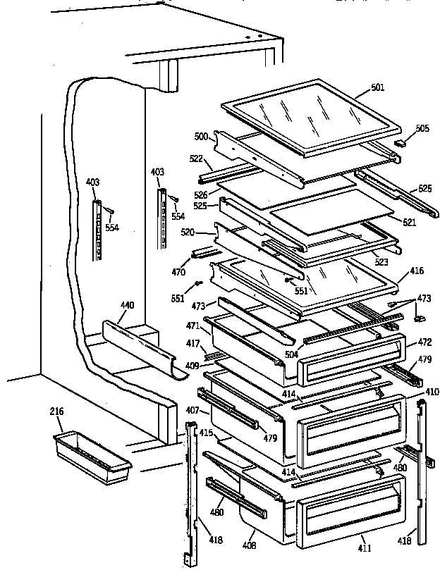GE TPX24BIYFBB fresh food shelves diagram