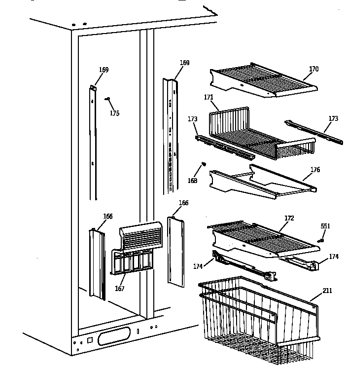 GE TPX24BRYFAA freezer shelves diagram