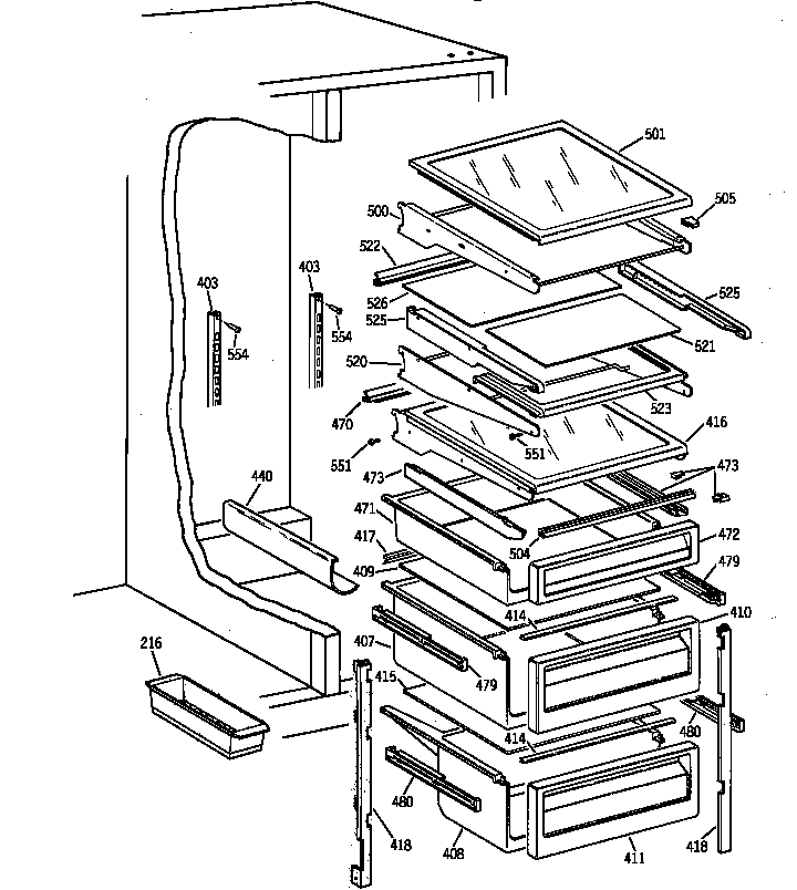 GE TPX24BRYFAA fresh food shelves diagram