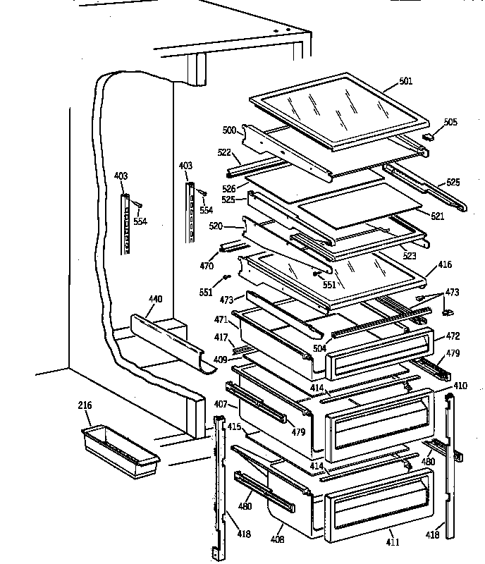 GE TPX24SIYFBS fresh food shelves diagram