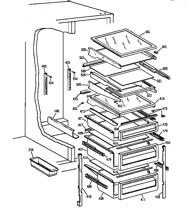 GE TFJ25PRZBWW fresh food shelves diagram