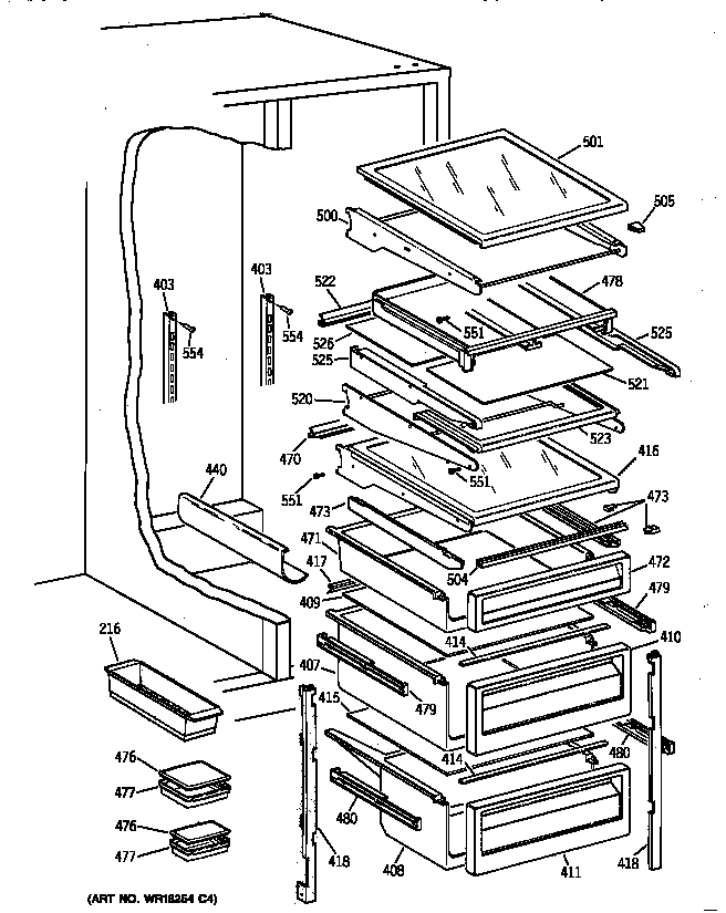 GE TFK30PFZCAA fresh food shelves diagram
