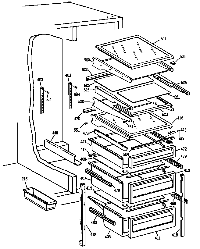 GE TFX28PRZCAA fresh food shelves diagram