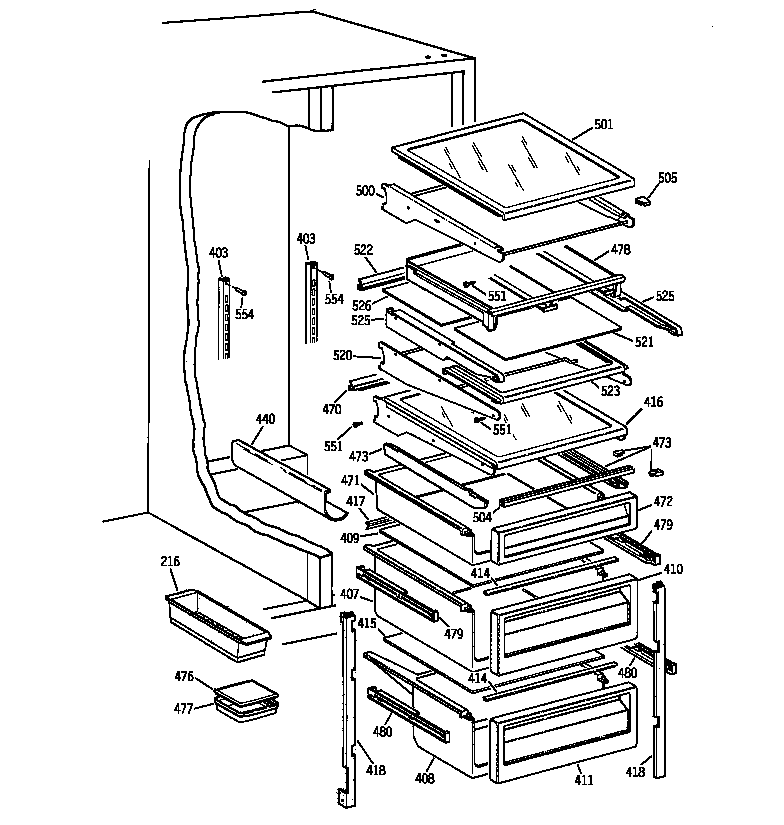 GE TPG24BFZCBB fresh food shelves diagram