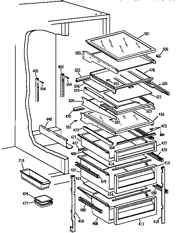 GE TPG24BFZCWW fresh food shelves diagram