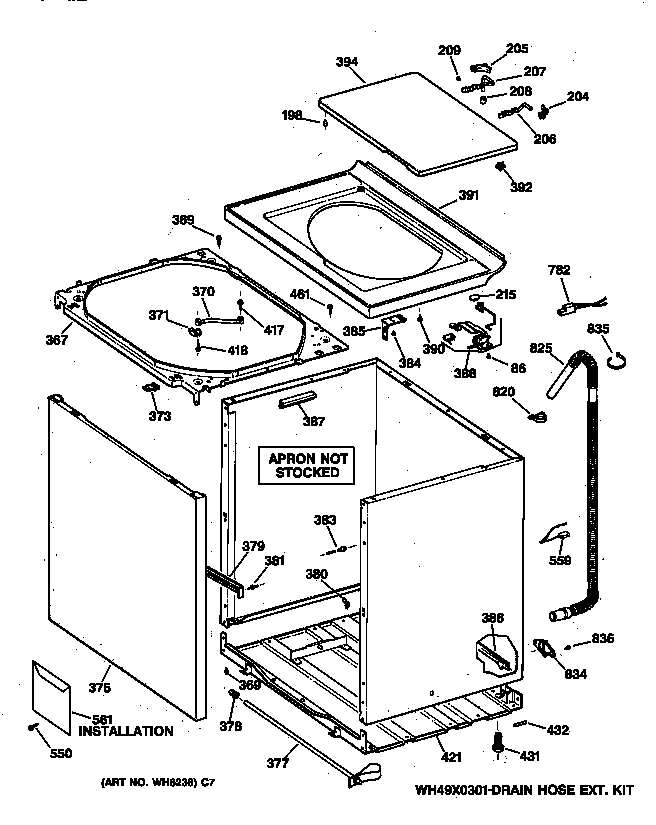 GE WCXR1070TAWW cabinet, cover & front panel diagram