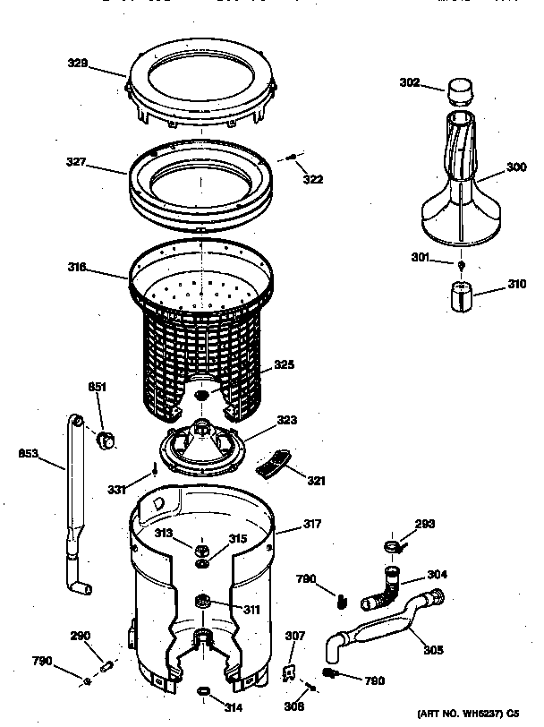 GE WCXR1070TAWW tub, basket & agitator diagram