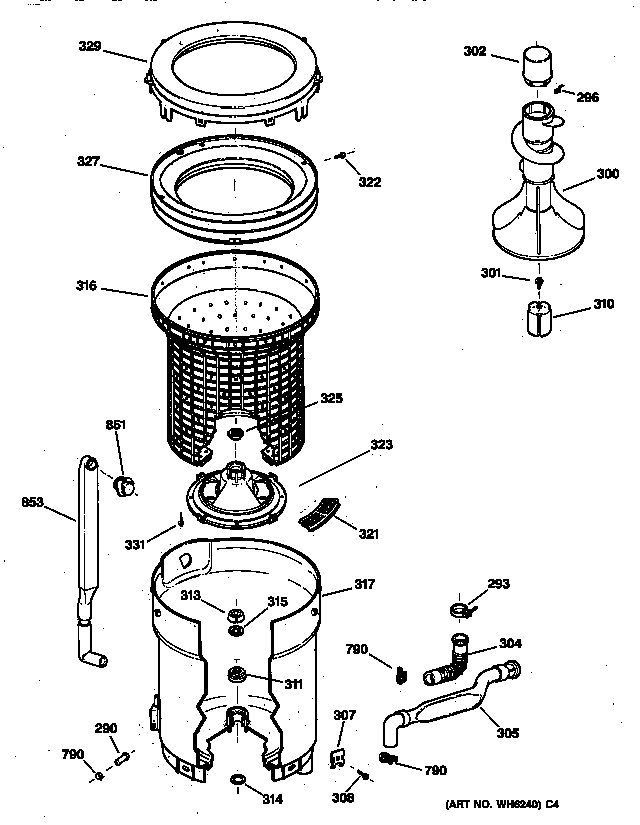 GE WCCB2050TAAC tub, basket & agitator diagram