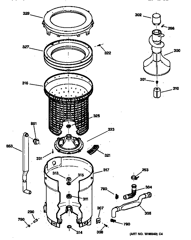 GE WCCB2050TAWC tub, basket & agitator diagram