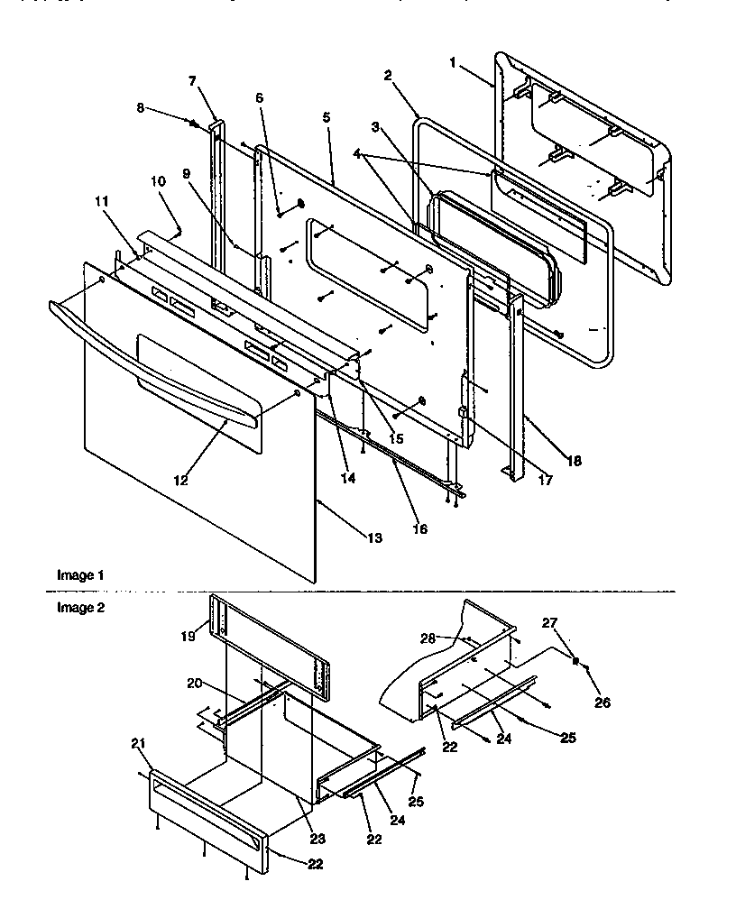 Amana ARG7200W-P1143329NW oven door and storage door diagram