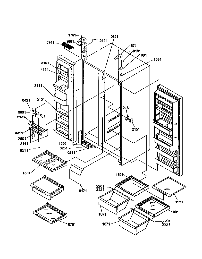 Amana SRD27SE-P1190329WE ref/frz shelves, lights, hinges diagram