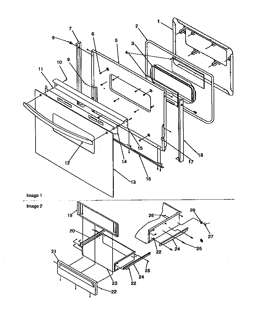 Amana ARG7301W-P1143328NW oven door & storage door diagram