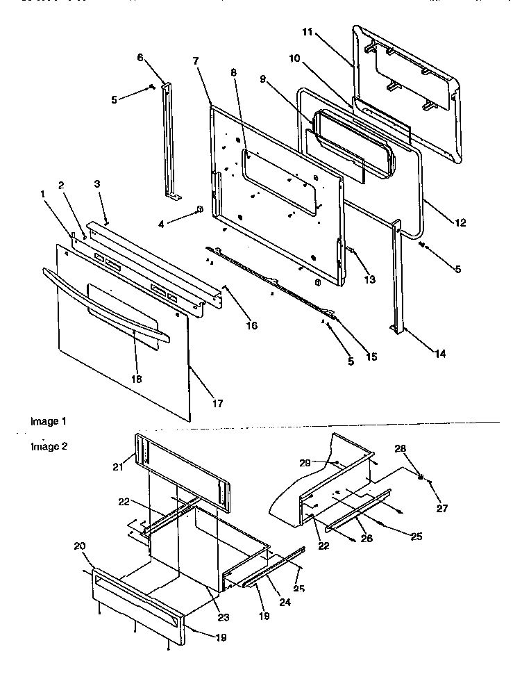 Amana ART6110LL/P1143429NLL oven door and storage drawer diagram