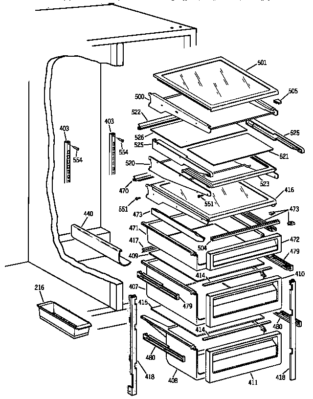 GE TFK22PRAAAA fresh food shelves diagram