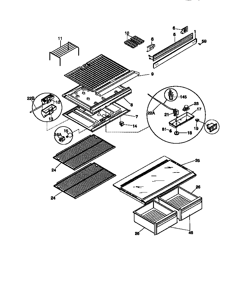 Universal/Multiflex (Frigidaire) MRT15CSEW4 shelves/controls diagram